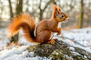 Squirrel in winter sits on a tree trunk with snow. Eurasian red squirrel.