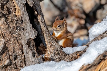 Squirrel in winter sits on a tree trunk with snow. Eurasian red squirrel.