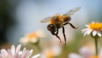 Honeybee in Flight Near Daisies Flower