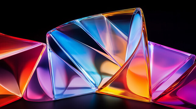 Colorful gradient abstract glass shapes on a black background, Ultra-realistic 3D render of abstract glass and colorful shapes on a black background, AI generated