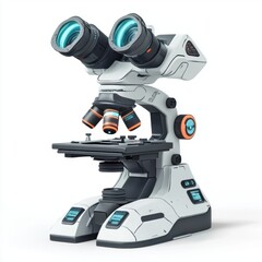 Microscope with high-tech lenses and digital display, isolated on white background