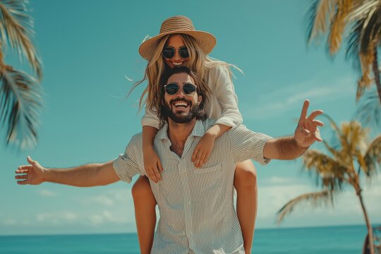 A joyful couple happily enjoys a beautiful and sunny summer day at the beach, with one partner giving another an exciting piggyback ride, surrounded by swaying palm trees and stunning ocean views