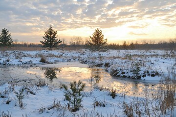 Sunrise sky over snowy bog and small pine trees.