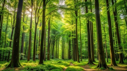 Obraz premium Towering Mature Trees with Saplings in Dense Forest , forest canopy, arboreal