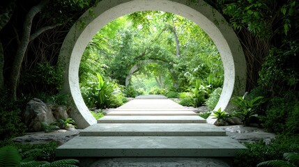 Serene garden path through circular stone archway