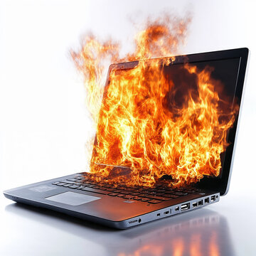 Burning laptop computer displaying flames and fire damage