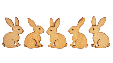 Fototapeta premium Five wooden easter bunnies sitting on transparent background