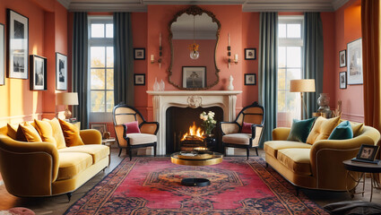 Stylish eclectic living room design featuring a fluffy couch patterned carpet classic mirror red warm toned walls and fireplace complemented by soft pink and peach hues in the decor