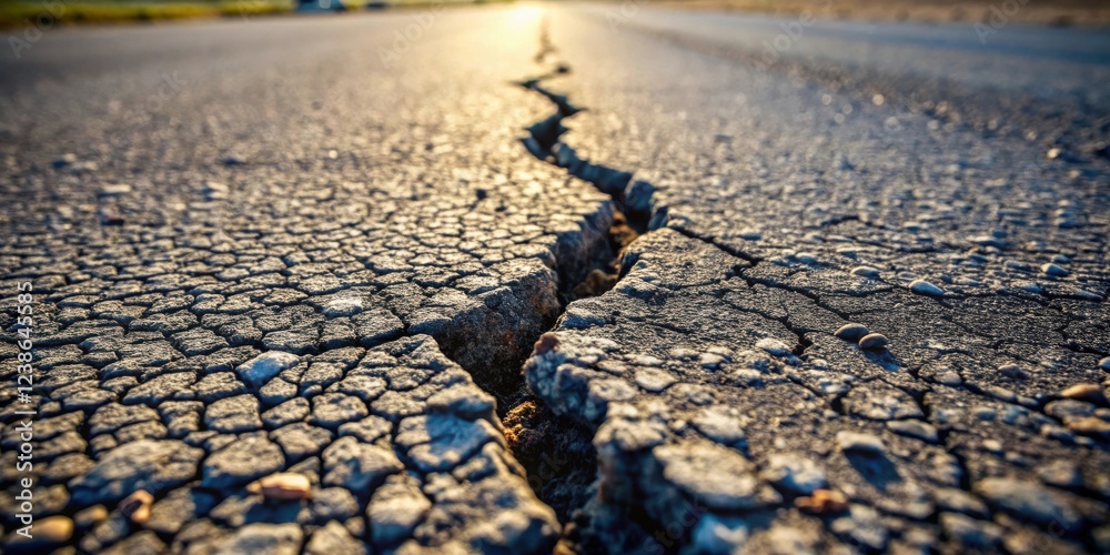 Poster a sunlit asphalt road surface with a deep crack showing extensive weathering and deterioration