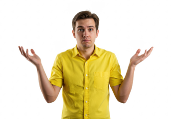 Man in a yellow shirt with arms raised in a confused gesture, isolated on white background