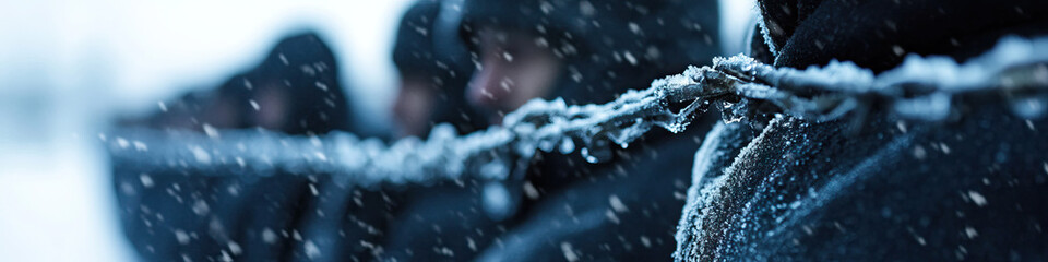 Frost-Covered Chain and Figures in Snow