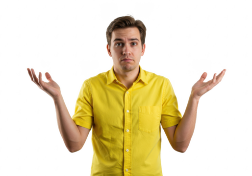 Man in a yellow shirt with arms raised in a confused gesture, isolated on white background