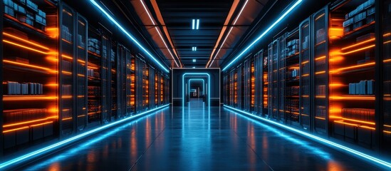 Fototapeta premium Futuristic Data Center Corridor with Vibrant Neon Lights and High-Tech Server Racks in a Modern Technology Environment