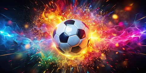 Fototapeta premium Vibrant explosion of a soccer ball surrounded by colorful sparks flying in all directions, creating a dynamic and energetic scene, excitement, explosion