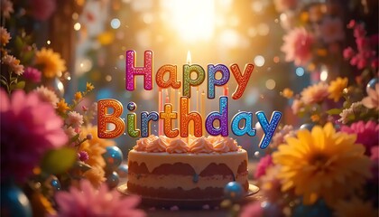 Happy Birthday Cake with Flowers and Candles