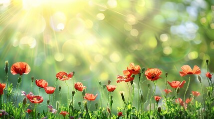 Fototapeta premium The Mesmerizing Harmony: A Poppy Field Illuminated by Enchanting Sun Rays