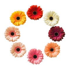Colorful Gerbera Daisies Arranged in a Circular Pattern on White Background