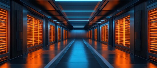 Fototapeta premium Futuristic Data Center Corridor with Glowing Orange and Blue Lights in a Modern Technology Environment