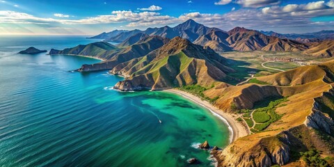Obraz premium Aerial view of Baja California peninsula with lush green mountains and turquoise ocean