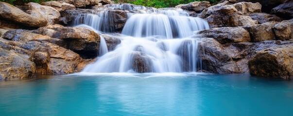Obraz premium Waterfall scenes nature idea. A serene waterfall cascading over smooth rocks into a tranquil blue pool.