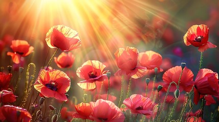 Obraz premium The Mesmerizing Harmony: A Poppy Field Illuminated by Enchanting Sun Rays