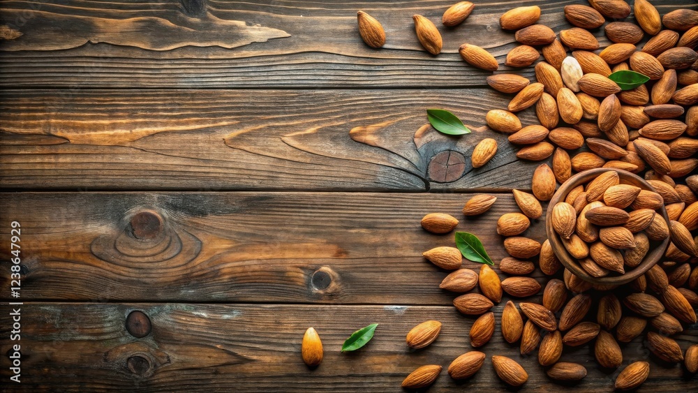 Aufkleber rustic wooden surface adorned with scattered almonds and a bowl of almonds, complemented by fresh gr