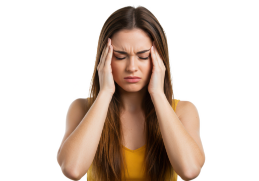 Young woman with long brown hair, holding her head with both hands, appearing stressed or in pain, wearing a sleeveless yellow top, isolated on white background