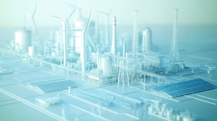 Aerial perspective on sustainable energy solutions in futuristic industrial settings