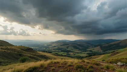 Naklejka premium Dramatic Mountain Valley Landscape Under a Stormy Sky