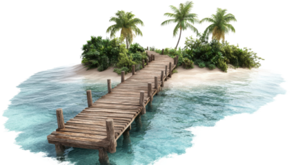 Wooden pier leading to tropical island with palm trees on transparent background