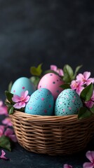 Fototapeta premium Vibrant eggs in shades of blue and pink are nestled in a wicker basket, adorned with delicate pink flowers on a dark backdrop for spring celebrations