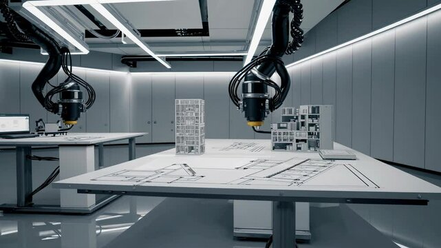Two robotic arms are building architectural models based on blueprints displayed on tables inside a futuristic laboratory, showcasing the automation of architectural design and construction