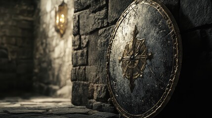 Ornate Medieval Round Shield with Golden Emblem, Knight Armor, Historical Battle Gear, RPG Fantasy Prop, Ancient Defense, Castle Dungeon Setting, Warrior Protection, Dark Cinematic Atmosphere