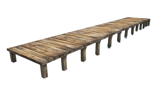 Long wooden pier extending over transparent background