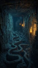 Mysterious Torchlit Dungeon with Winding Path, Ancient Underground Tunnel, Dark Fantasy Adventure...