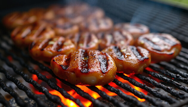 Juicy Kebapche grilling over hot charcoal, infused with a rich smoky aroma. A must-have dish at any Balkan barbecue.