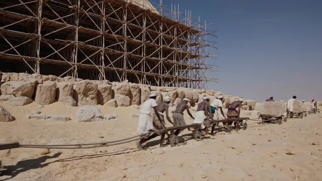 Egyptian workers are diligently transporting large stone blocks on wooden carts at the bent pyramid construction site, showcasing traditional methods against a backdrop of scaffolding and blue sky
