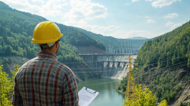 Engineer observing hydroelectric dam and power lines in mountain valley