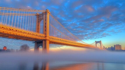 Obraz premium Enthralling Sunrise over the Iconic Suspension Bridge, Shrouded in Serene Mist