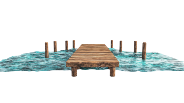 Wooden pier extending into tranquil turquoise water with transparent background - Powered by Adobe