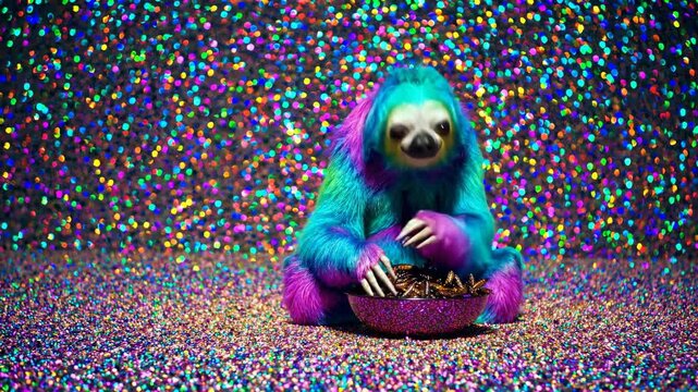 Vibrant, colorful sloth enjoys a meal of insects from a glittery bowl, set against a backdrop of sparkling confetti, creating a whimsical and surreal scene