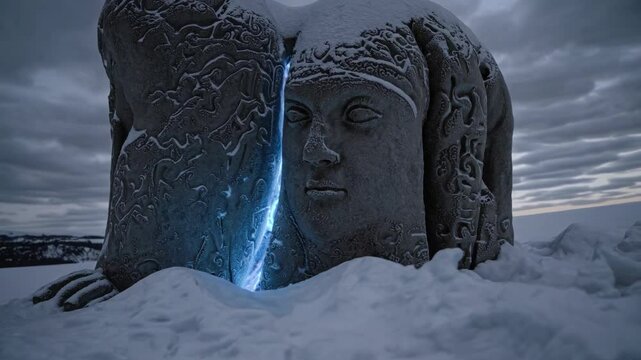 Two weathered stone statues, adorned with intricate carvings, emerge from a blanket of snow, illuminated by a soft, ethereal glow against a backdrop of a winter sunset