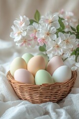 A woven basket holds pastel-colored eggs, surrounded by delicate white and pink flowers on soft, textured fabric, reflecting a serene spring vibe