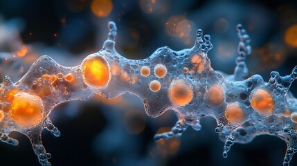 Intricate glowing cells subtly arranged create a mysterious deep blue and orange microscopic scene. AI Generated