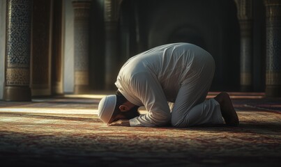 Worshipper praying in a serene mosque environment during sunset