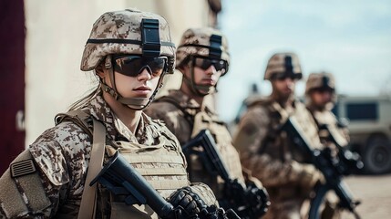 Fototapeta premium Female Soldiers in Combat Gear: A Powerful Image of Military Strength and Duty. This image showcases the dedication and readiness of female soldiers in the armed forces.