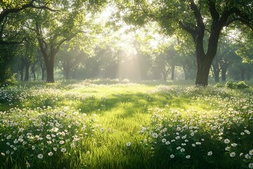Fototapeta premium A serene, sunlit meadow filled with blooming wildflowers. The vibrant greenery and gentle sunlight create a tranquil, peaceful atmosphere in nature.