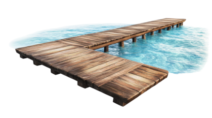 Wooden pier extending into tranquil turquoise water with transparent background