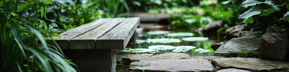 Fototapeta premium Wooden Bench and Pond in a Garden Setting
