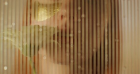 A woman with eye patches looks at the camera with a serious look standing behind a glass with water running down it. She touches her face with a flower